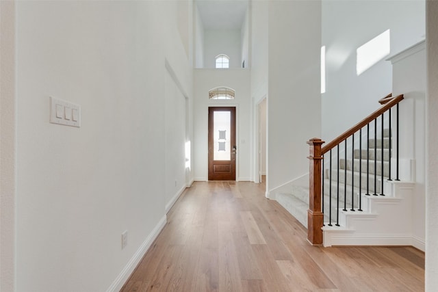 foyer with a wealth of natural light, light hardwood / wood-style floors, and a high ceiling