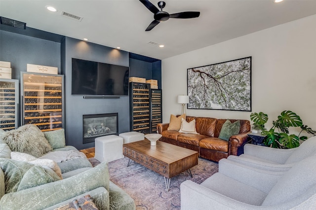 living room with ceiling fan