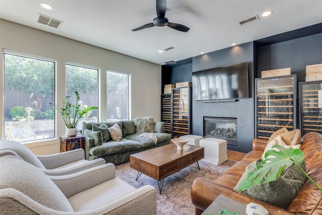 living room featuring ceiling fan