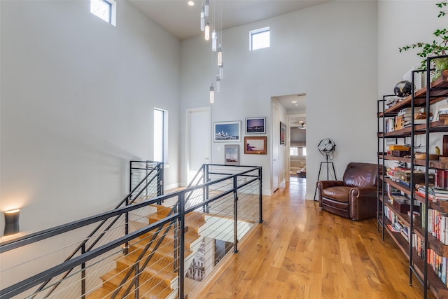 corridor with a high ceiling and light hardwood / wood-style floors