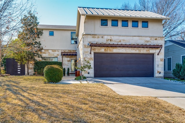 8715 Rexford Dr, Dallas, TX 75209 - view of front of house with a front yard, stone siding, concrete driveway, stucco siding, and an attached garage