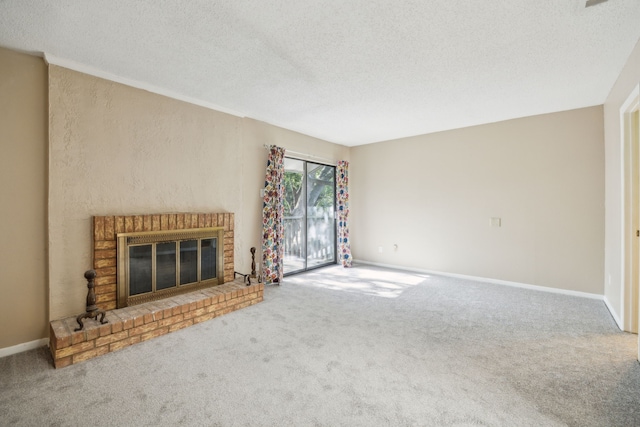 9728 Amberton Pkwy, Dallas, TX 75243 - unfurnished living room with carpet, a textured ceiling, a fireplace, and baseboards