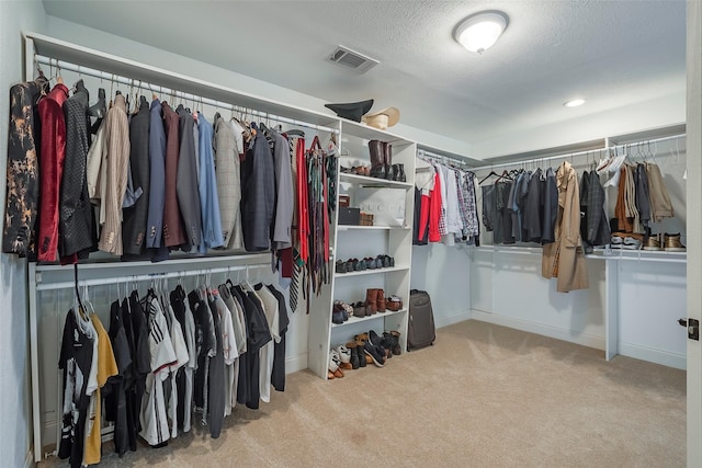 spacious closet featuring light colored carpet