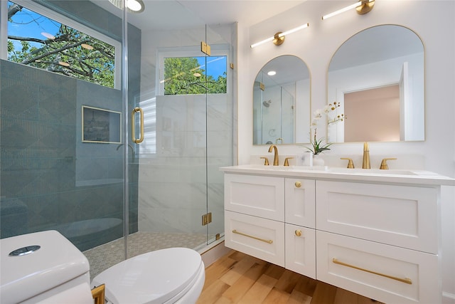 bathroom with vanity, toilet, wood-type flooring, and a shower with door