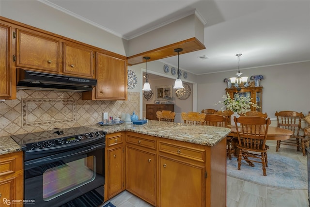 kitchen with kitchen peninsula, backsplash, electric range, decorative light fixtures, and light stone countertops