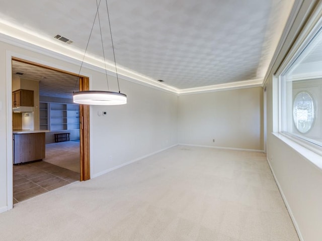 carpeted spare room featuring ornamental molding