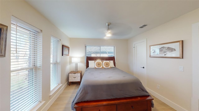 bedroom featuring ceiling fan and light hardwood / wood-style flooring