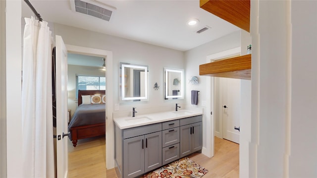 bathroom with hardwood / wood-style floors and vanity