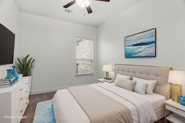 bedroom with crown molding, carpet flooring, and ceiling fan