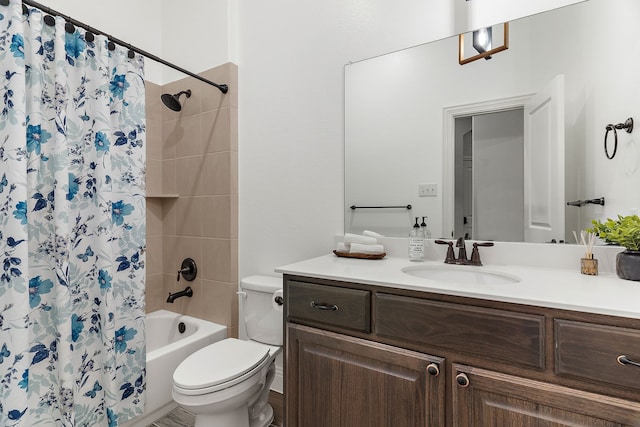 full bathroom with vanity, toilet, and shower / tub combo with curtain