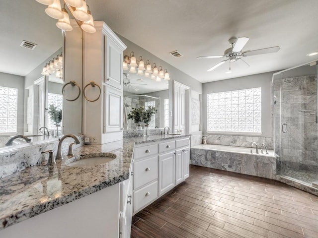 bathroom featuring vanity, ceiling fan, and independent shower and bath