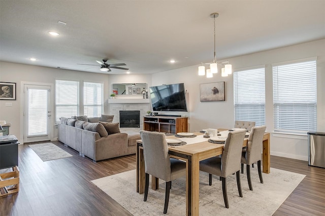 dining room with hardwood / wood-style floors and ceiling fan with notable chandelier