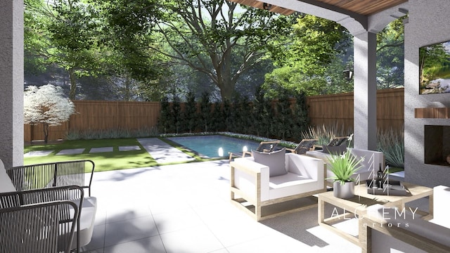 view of swimming pool with an outdoor living space and a patio area