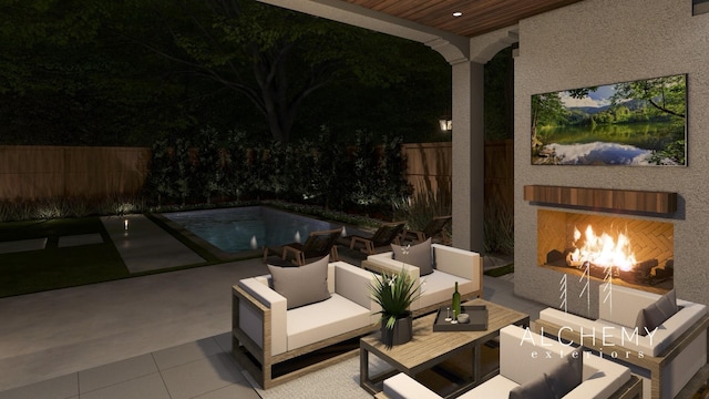 view of patio with an outdoor living space with a fireplace