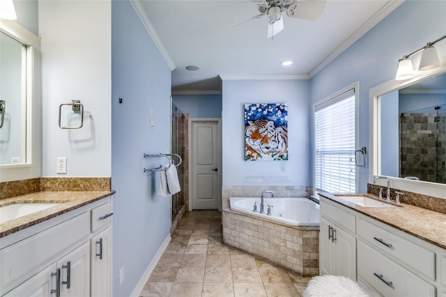 bathroom with separate shower and tub, vanity, crown molding, and ceiling fan