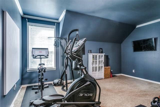 workout room with ornamental molding, plenty of natural light, and lofted ceiling