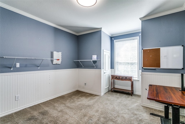 interior space featuring light colored carpet and crown molding