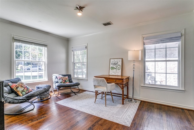 office featuring dark hardwood / wood-style floors and ornamental molding