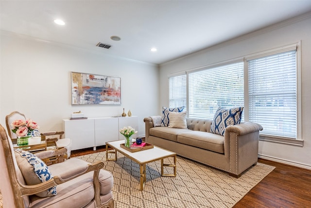 living room with wood-type flooring and crown molding