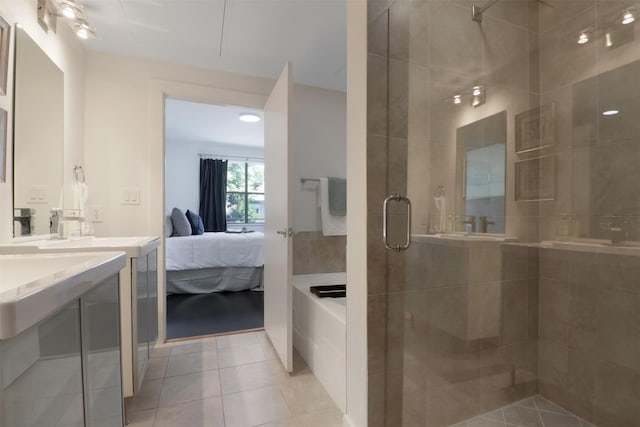 bathroom featuring tile patterned flooring and plus walk in shower