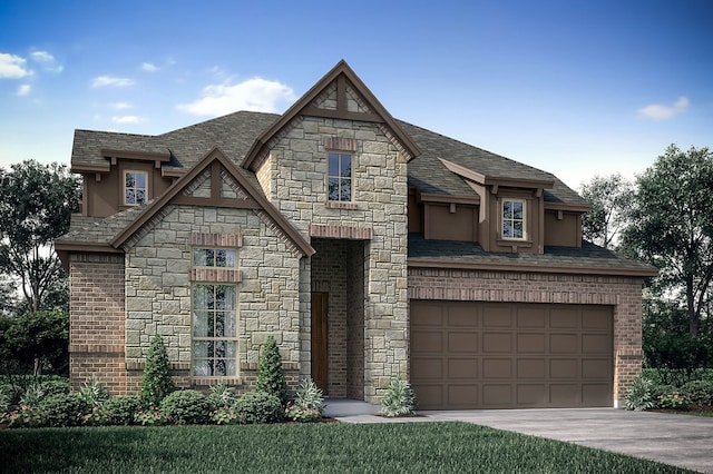 view of front of home with driveway, brick siding, an attached garage, and a shingled roof