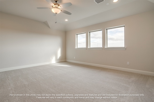 spare room with recessed lighting, carpet flooring, ceiling fan, and baseboards