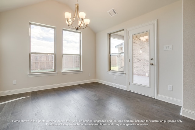 unfurnished dining area featuring dark wood-style floors, lofted ceiling, visible vents, and a chandelier