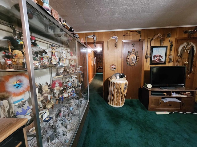 miscellaneous room featuring dark colored carpet, wood walls, and ornamental molding