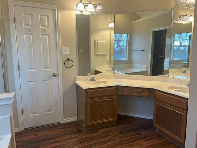 bathroom with hardwood / wood-style flooring, vanity, and a tub to relax in