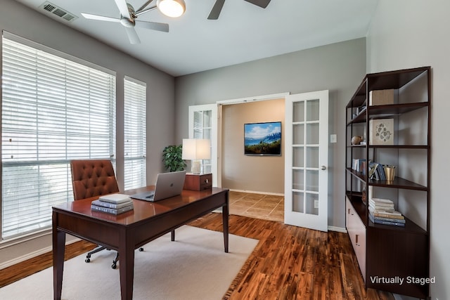 office area with dark hardwood / wood-style flooring, french doors, and ceiling fan