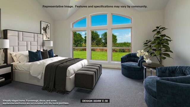 bedroom with carpet flooring and vaulted ceiling