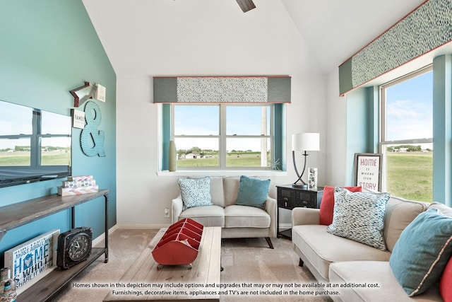 carpeted living room with vaulted ceiling