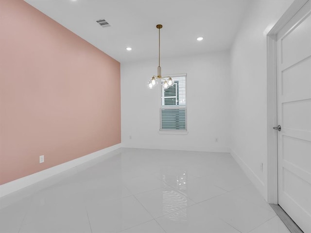 unfurnished dining area with light tile patterned floors and a notable chandelier