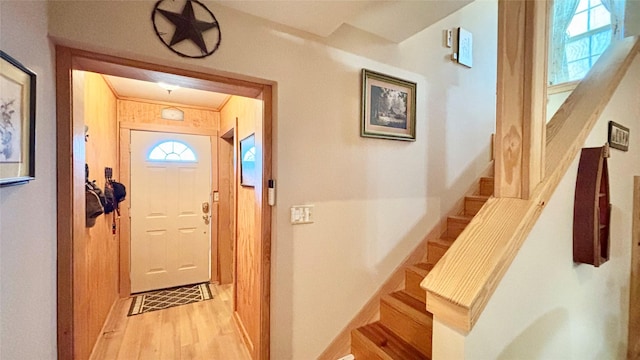 foyer with light wood-type flooring and a wealth of natural light