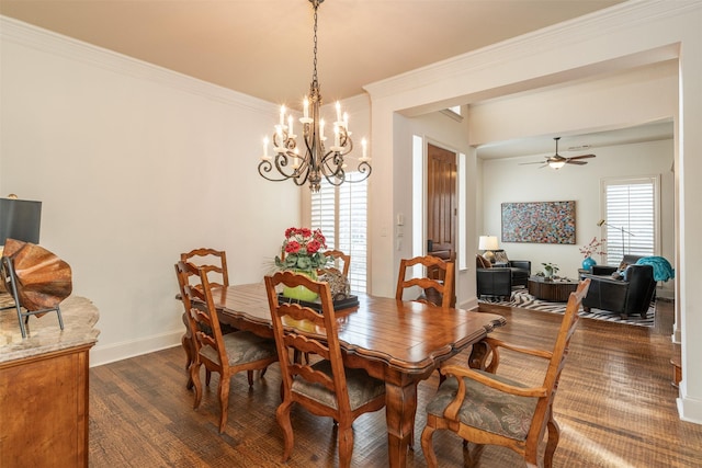 dining space with ornamental molding, ceiling fan, and baseboards