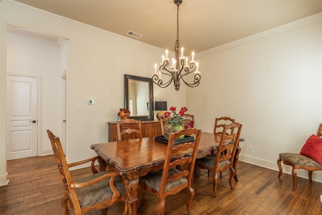 dining space with ornamental molding, dark wood-style flooring, visible vents, and baseboards