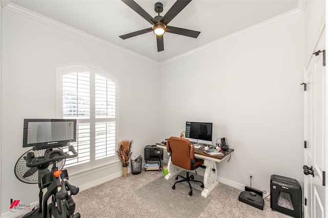 office space featuring crown molding, carpet floors, and ceiling fan