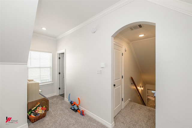 interior space featuring carpet floors and ornamental molding