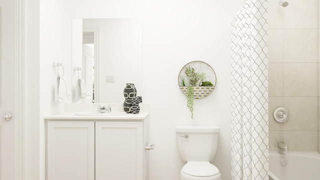 full bathroom featuring shower / bath combination with curtain, vanity, and toilet