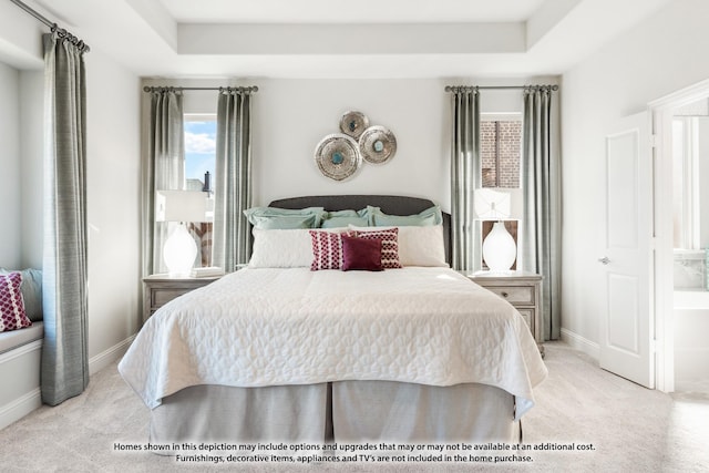 bedroom with a raised ceiling and light colored carpet