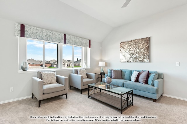 carpeted living room featuring vaulted ceiling