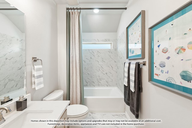 full bathroom featuring vanity, toilet, shower / tub combo, and vaulted ceiling