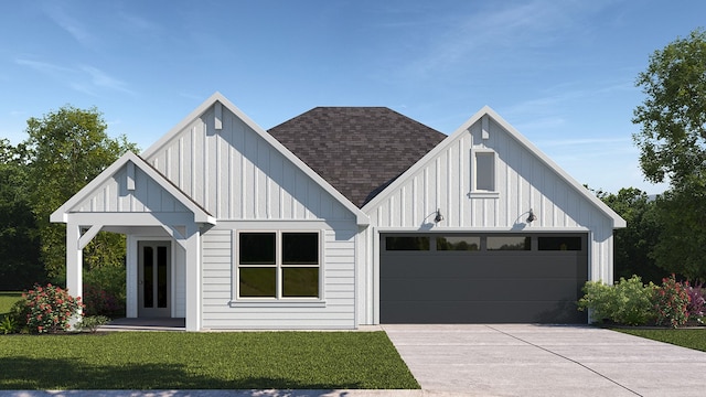 modern farmhouse with a garage and a front yard