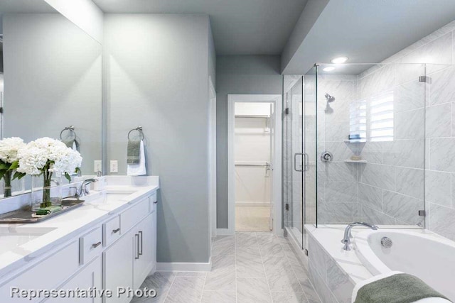 bathroom featuring plus walk in shower and vanity