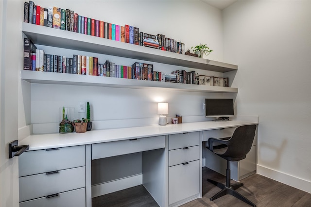 office featuring built in desk and dark hardwood / wood-style floors