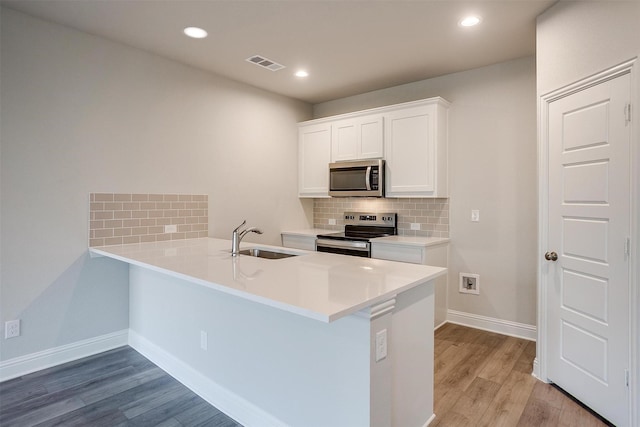 kitchen with sink, appliances with stainless steel finishes, light hardwood / wood-style floors, white cabinets, and kitchen peninsula