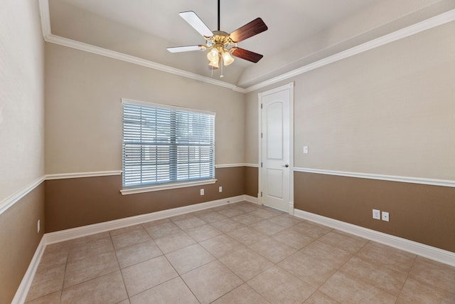 unfurnished room featuring light tile patterned floors, vaulted ceiling, ceiling fan, and ornamental molding