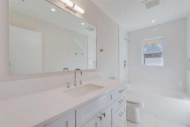 full bathroom with shower / bathing tub combination, vanity, and toilet