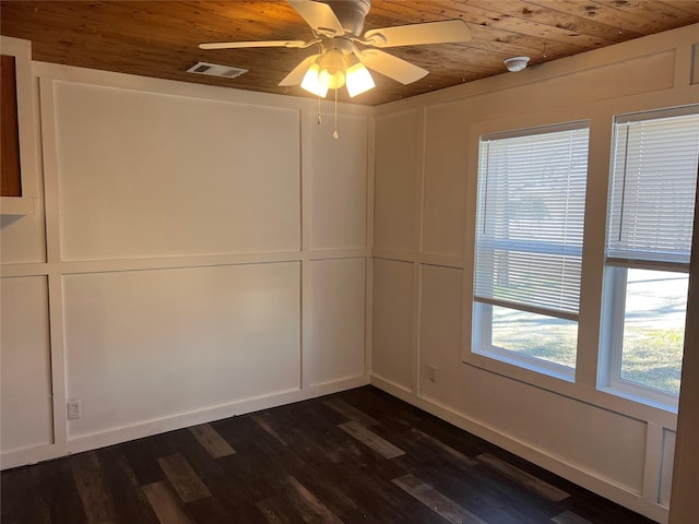 unfurnished room featuring dark hardwood / wood-style flooring, ceiling fan, and wooden ceiling