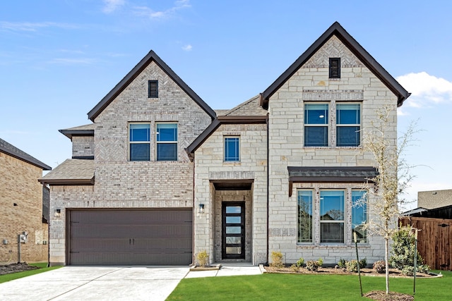 view of front of home with concrete driveway, roof with shingles, an attached garage, a front yard, and brick siding